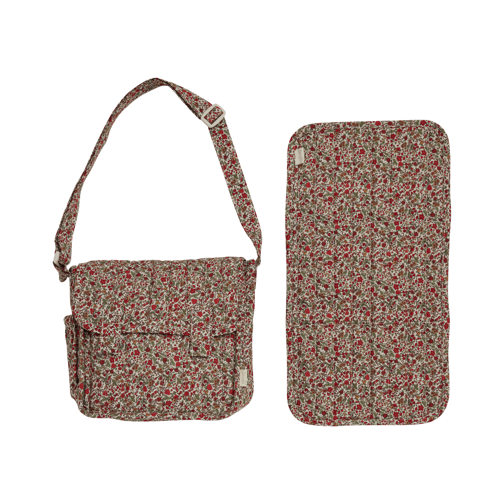 Olli Ella Carry Convertible Dolls Changing Bag & matt in a red berry floral
