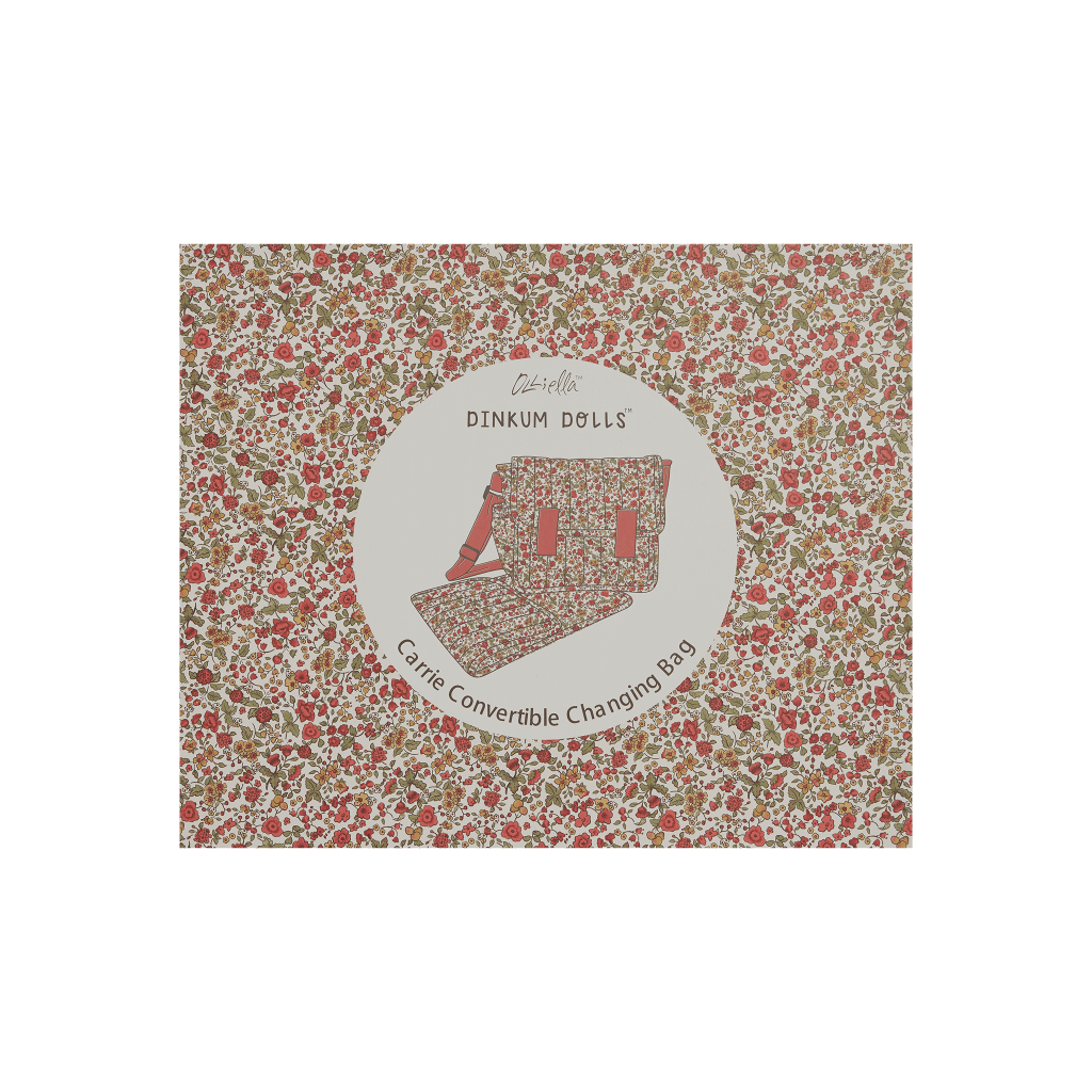 Olli Ella Carry Convertible Dolls Changing Bag & matt in a red berry floral