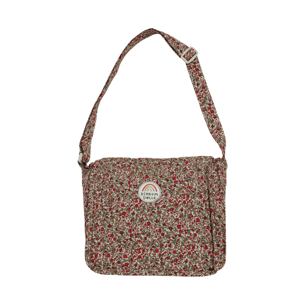 Olli Ella Carry Convertible Dolls Changing Bag & matt in a red berry floral