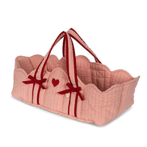 Konges Slojd Doll Carrier Cot in Pink  Mellow Rose with Red detailing, Hearts & Ribbons 