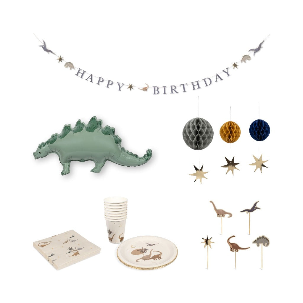 Konges Slojd | Kids FSC Party Pack Featuring children's Party Tableware, a Happy Birthday Banner, Foil Balloon and Paper Pom Poms All in a Dinosaur Theme.