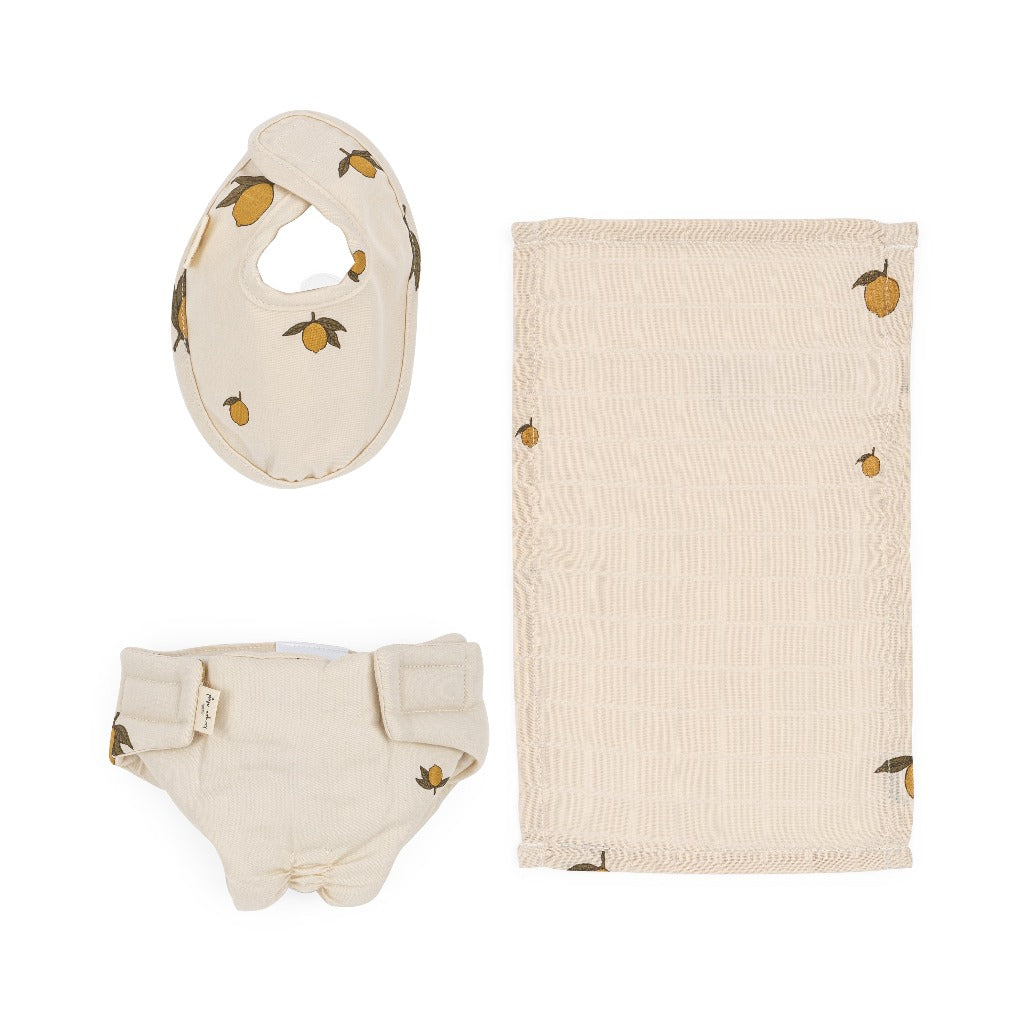 Konges Slojd |  Organic Cotton | Dolls Accessories - a Doll Bib | Doll Nappy | Doll Muslin Cloth | All with a Lemon Print. 
