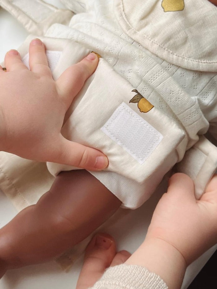 Konges Slojd |  Organic Cotton | Dolls Accessories - a Doll Bib | Doll Nappy | Doll Muslin Cloth | All with a Lemon Print. 