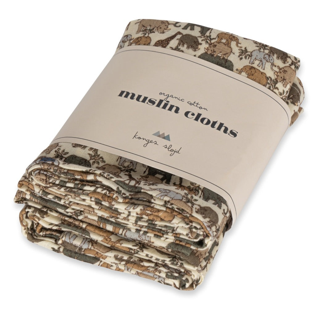 Konges Slojd | 3 Pack Organic Muslin Cloths | Safari