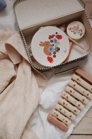 Konges Slojd | Wooden Music Set - Bunny Tokki Featuring a Mini Recorder, Tambourine and a Rattle Drum all with a Vintage Inspired Illustration of a Bunny and Flowers