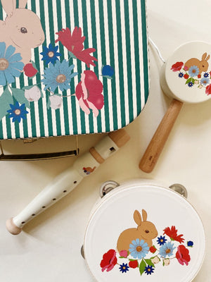 Konges Slojd | Wooden Music Set - Bunny Tokki Featuring a Mini Recorder, Tambourine and a Rattle Drum all with a Vintage Inspired Illustration of a Bunny and Flowers