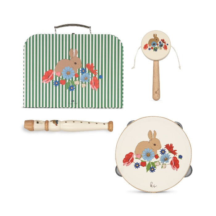 Konges Slojd | Wooden Music Set - Bunny Tokki Featuring a Mini Recorder, Tambourine and a Rattle Drum all with a Vintage Inspired Illustration of a Bunny and Flowers