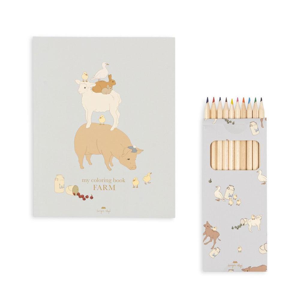 A Konges Slojd Farm themed colouring book with a pack of 10 colouring pencils.