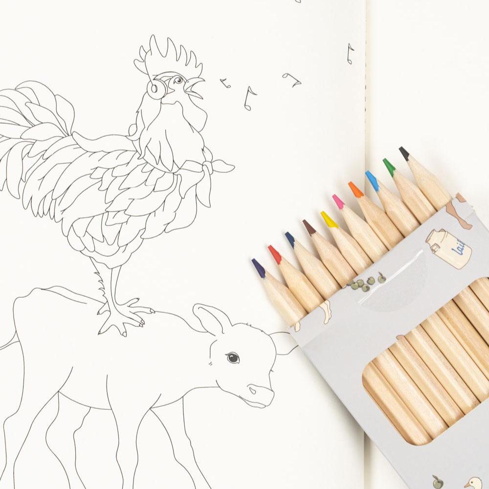 A Konges Slojd Farm themed colouring book with a pack of 10 colouring pencils.