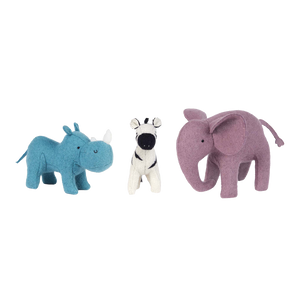 3 x Olli Ella Holdie World Safari Animal Felt Soft toys in a Gift Box. 1 x  Elephant, 1 x Rhino & 1 x Zebra 