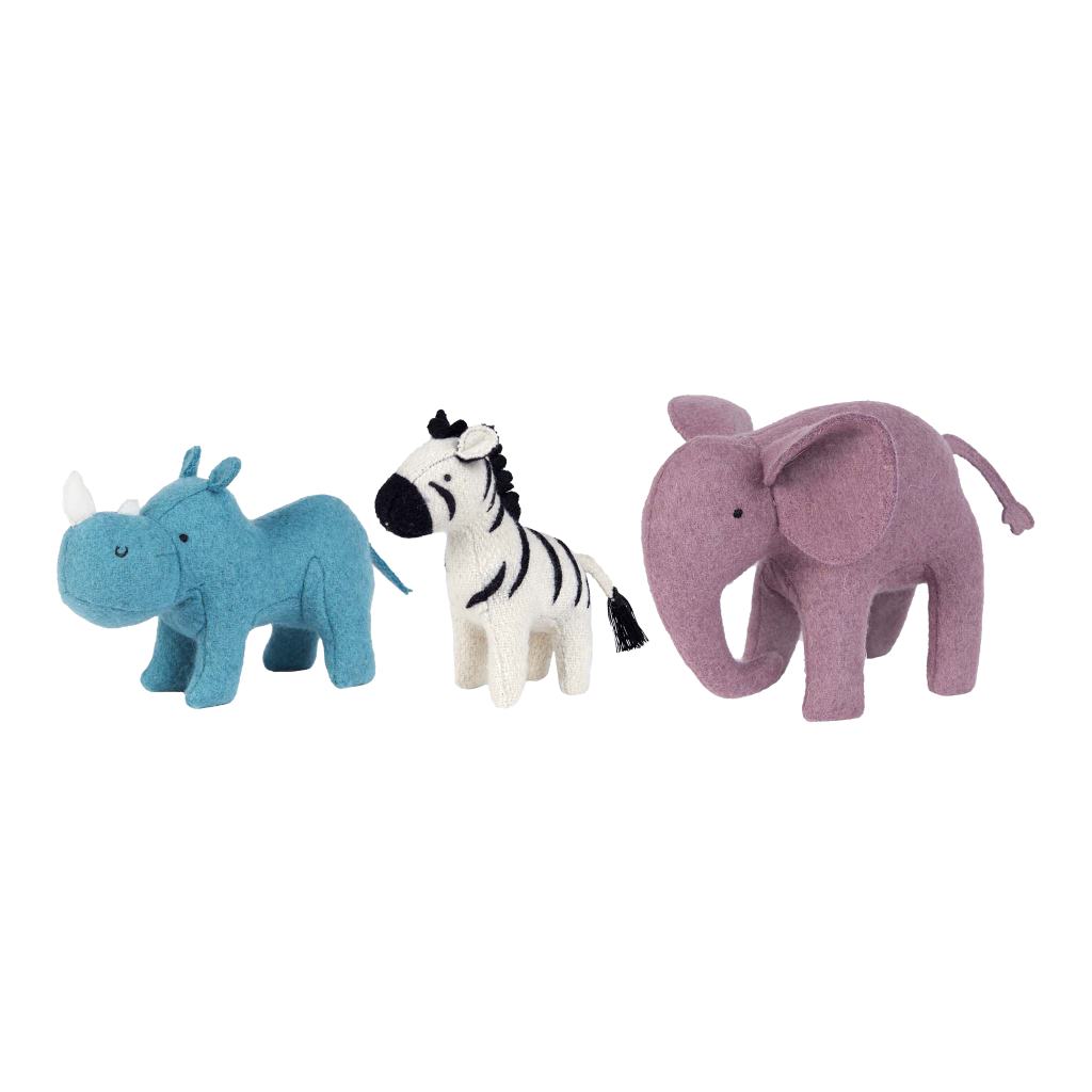 3 x Olli Ella Holdie World Safari Animal Felt Soft toys in a Gift Box. 1 x  Elephant, 1 x Rhino & 1 x Zebra 