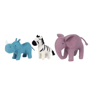 3 x Olli Ella Holdie World Safari Animal Felt Soft toys in a Gift Box. 1 x  Elephant, 1 x Rhino & 1 x Zebra 