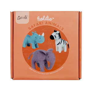 3 x Olli Ella Holdie World Safari Animal Felt Soft toys in a Gift Box. 1 x  Elephant, 1 x Rhino & 1 x Zebra 