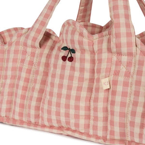 Cherry Detail on the Konges Slojd Pink Check Cherry Motif Doll  Lift / Carrier 