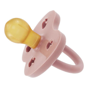 Side View of Hevea 3 36 months Round Teat Natural Rubber Plastic Free Dummy in Baby Blush Pink Colour