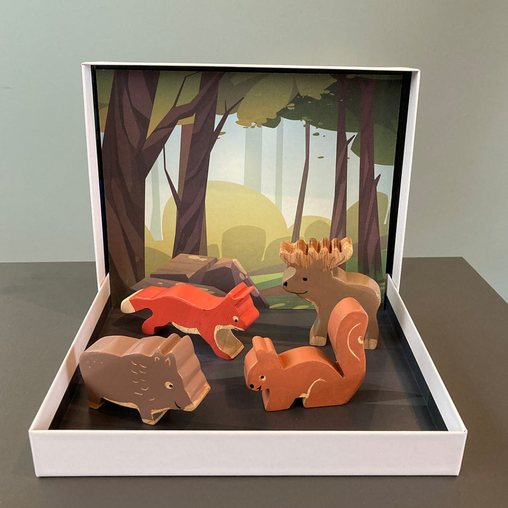 Boxed Hevea Ethically Produced Rubber Wood Animals a Fox , Bore, Squirrel and a Moose in Plastic Free Packaging 