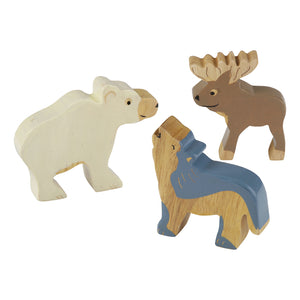 Hevea Ethically Made Rubber Wood Animals in Arctic. A Wolf Howling , a Polar Bear and a Moose. Plastic Free Toy & Packaging