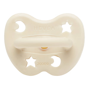 Hevea 0-3 months Orthodontic Plastic Free Natural Rubber Dummy in Milky White Colour with Star and Moon Cut Outs 