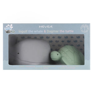 Boxed Hevea Ingulf the Whale and Dagmar the Turtle Natural Rubber bath Toy set