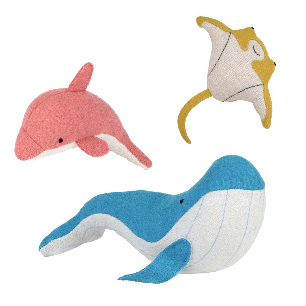 Olli Ella | Holdie Folk | Ocean Animals | Eco Soft Toys Dolphin Whale Stingray